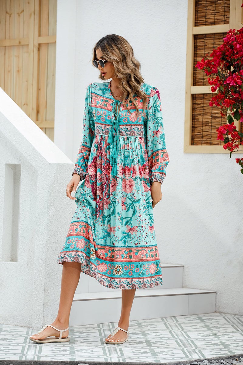R.Vivimos Women's Long Sleeve Floral Print Retro V Neck Tassel Bohemian Midi Dresses (Small, LightCyan) - Image 3